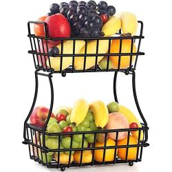 TomCare 2-Tier Fruit Basket Metal Fruit Bowl Bread Baskets Detachable Fruit Holder Kitchen Storage Baskets Stand - Screws Free Design for Fruits Breads Vegetables Snacks, Black