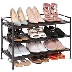 Seville Classics 3-Tier Stackable 12-Pair Shoe Rack Wood Resin Metal Freestanding Storage Shelf for Bedroom, Closet, Entryway, Dorm Room, Espresso Slat