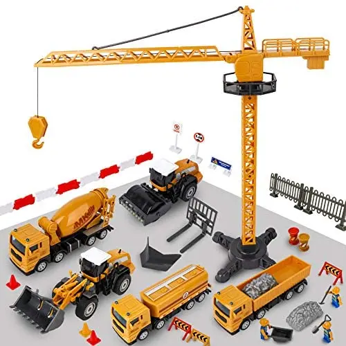 Construction Vehicle Truck Toy Set - 64PCS Kids Engineering Truck Playset with Play Mat, Crane, Cement, Fuel Truck, Wheel Loader with 3 Interchangeable Parts, Birthday for Boys Toddlers