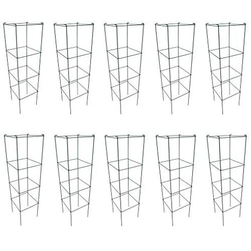 MTB Green Square Folding Tomato Cage Plant Support Stake Tower 12 inch by 46 inch, Pack of 10 Sets(Also Sold as Pack of 2 & 5,Galvanized is Available)