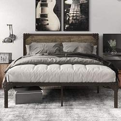 SHA CERLIN Queen Size Bed Frame with Industrial Wooden Rivet Headboard / Splash Platform Bed Frame with 13 Strong Metal Slats Support / Noise Free / Easy Assembly / Rustic Brown