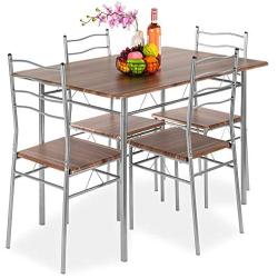 Best Choice Products 5-Piece 4ft Modern Wooden Kitchen Table Dining Set w/Metal Legs, 4 Chairs - Brown/Silver