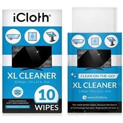 iCloth Extra Large Monitor and TV Screen Cleaner Pro-Grade Individually Wrapped Wet Wipes, 1 Wipe Cleans Several Flat Screen TVs and Monitors, 10 Wipes