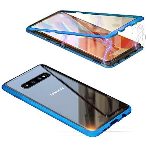 Compatible with Samsung Galaxy S10 (6.1 inch) Case, Jonwelsy 360 Degree Front and Back Transparent Tempered Glass Cover, Strong Magnetic Adsorption Technology Metal Bumper (Blue)