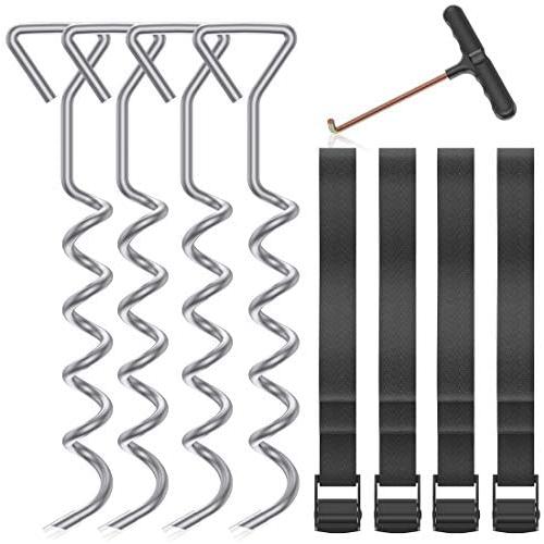 ANXEN Trampoline Stakes Heavy Duty with Spring Pull Tool, Trampoline Parts Corkscrew Shape Steel Stakes Wind Anchor Kit for Trampolines