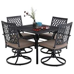 MFSTUDIO 5 Piece Black Metal Outdoor Patio Dining Bistro Set with 4 Swivel Chairs and Steel Frame Slat Larger Square Table, 37'' Table and 4 Backyard Garden Chairs Outdoor Furniture Set, Black