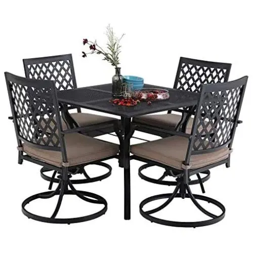 MFSTUDIO 5 Piece Black Metal Outdoor Patio Dining Bistro Set with 4 Swivel Chairs and Steel Frame Slat Larger Square Table, 37'' Table and 4 Backyard Garden Chairs Outdoor Furniture Set, Black MFSTUDIO 5 Piece Black Metal Outdoor Patio Dining Bistro Set with 4 Swivel Chairs and Steel Frame Slat Larger Square Table, 37'' Table and 4 Backyard Garden Chairs Outdoor Furniture Set, Black