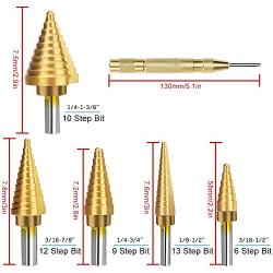 6 pcs Titanium Step Drill Bits Set and Automatic Center Punch - High-Speed Metal Steel Drill Double Side, Hss Cobalt Multiple Hole 50 Sizes with Aluminum Case