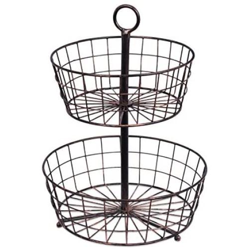 BirdRock Home 2 Tier Wire Fruit Basket - Round Metal Standing Baskets - Fruit Vegetable Garlic Caddy - Freestanding Rustic Decorative Basket