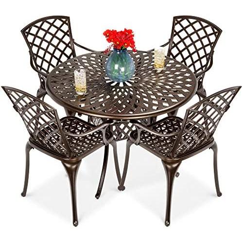 Best Choice Products 5-Piece All-Weather Outdoor Cast Aluminum Dining Set for Patio, Balcony, Lawn, Garden, Backyard w/ 4 Chairs, Umbrella Hole, Lattice Weave Design - Brown