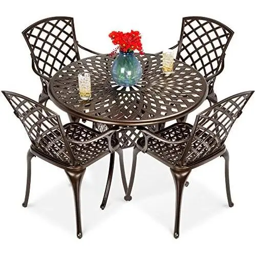 Best Choice Products 5-Piece All-Weather Outdoor Cast Aluminum Dining Set for Patio, Balcony, Lawn, Garden, Backyard w/ 4 Chairs, Umbrella Hole, Lattice Weave Design - Brown Best Choice Products 5-Piece All-Weather Outdoor Cast Aluminum Dining Set for Patio, Balcony, Lawn, Garden, Backyard w/ 4 Chairs, Umbrella Hole, Lattice Weave Design - Brown