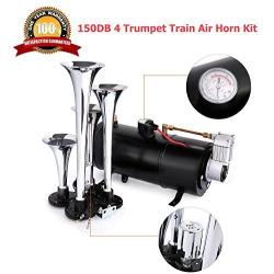 Voluker 12V 150db Air Horn, 4 Trumpet Loud Train Horns Kit Train Air Horn Kit with 120 PSI Compressor Train Horn for Trucks for Almost Any Vehicle Trucks Car SUV Jeep or SUV