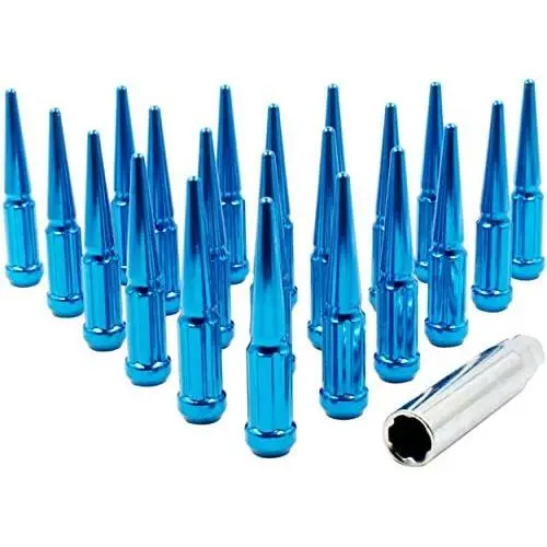 Wheel Accessories Parts Set of 24 Blue Spiked Solid Metal Lug Nuts M14x1.5 Thread 4.4 Inch Tall Closed End Bulge Acorn Spike Lug Nut 1 Long Socket Key