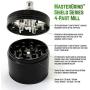 MasterGrind Mill 4 Piece Herb Grinder - Crank Handle Pollen Catcher - Large 2.5 Inch Black Aluminum
