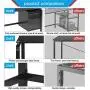 L Shaped Home Office Desk, Pataku Corner Computer Desk Modern Study Writing Table with 2 Drawers, Tempered Glass Desktop, Metal Frame, Black