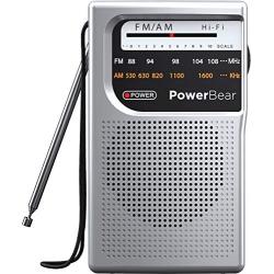 PowerBear Portable Radio | AM/FM, 2AA Battery Operated with Long Range Reception for Indoor, Outdoor & Emergency Use | Radio with Speaker & Headphone Jack (Silver)