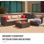 SUNCROWN Outdoor Patio Furniture Sectional Sofa and Chair (6-Piece Set) All-Weather Brown Wicker with Seat Cushion and Modern Glass Coffee Table, Garden, Backyard, Pool, Waterproof Cover