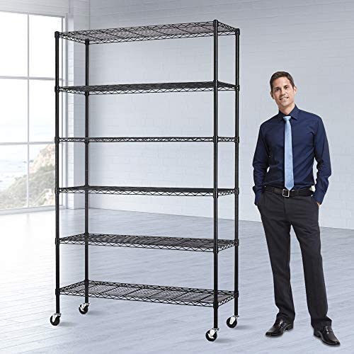 Storage Shelves Heavy Duty Shelving Adjustable 6 Tier Layer Wire Shelving Unit with Wheels Easy to Assemble Metal Wire Shelf Standing Garage Shelves Commercial Multifunctional Home Storage Rack Black