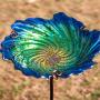 MUMTOP 26 Inch Height Glass Birdbath Birdfeeder with Metal Stake Garden Outdoor Green