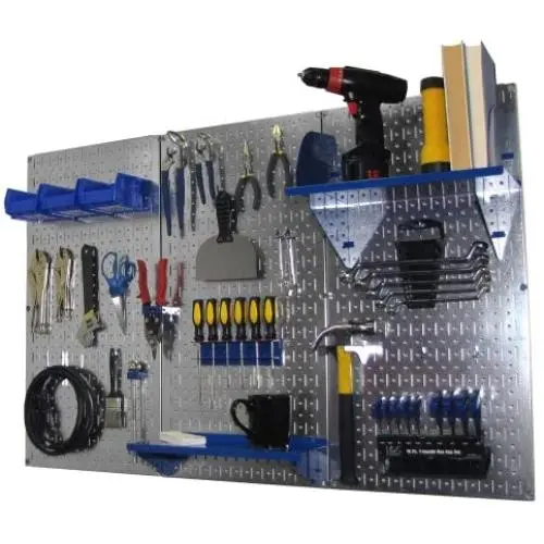 Wall Control Pegboard Organizer 4 ft. Metal Pegboard Standard Tool Storage Kit with Galvanized Toolboard and Blue Accessories
