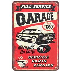 AOYEGO Full Service Garage Tin Sign,Mechanic On Duty 24-7 Car Service Parts Repairs and Drink Free Coffee Vintage Metal Tin Signs for Cafes Bars Pubs Shop Wall Decorative Funny Retro Signs 8x12 Inch