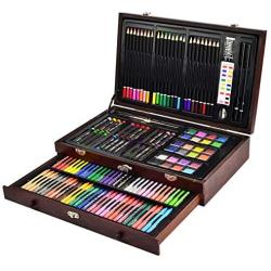 Sunnyglade 145 Piece Deluxe Art Set, Wooden Art Box & Drawing Kit with Crayons, Oil Pastels, Colored Pencils, Watercolor Cakes, Sketch Pencils, Paint Brush, Sharpener, Eraser, Color Chart (Cherry)