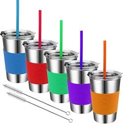 Stainless Steel Kids Cups with Lids and Straws,16oz Spill Proof Kids Straw Cups with Lids,Metal Kids Smoothie Cups with Silicone Straws,Kids Travel Tumblers with Lids for Kids and Toddlers