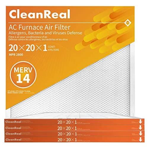 CleanReal 20×20×1 High Grade MERV14 Air Filter for AC Furnace or HVAC, Defense of ALL Pollutants, Pollen, Pet Dander, Smoke & PM2.5, 4-pack