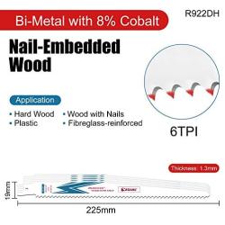 EZARC Reciprocating Saw Blade Bi-Metal Cobalt Sabre Saw Blades for Wood Demolition 9-Inch 6TPI R922DH (5-Pack)