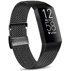 IEOVIEE Metal Loop Bands Compatible with Fitbit Charge 4 / Fitbit Charge 3 / Charge 3 SE Band, Adjustable Stainless Steel Magnetic Lock Replacement Wristbands (Small, Black)