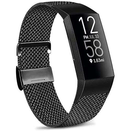 IEOVIEE Metal Loop Bands Compatible with Fitbit Charge 4 / Fitbit Charge 3 / Charge 3 SE Band, Adjustable Stainless Steel Magnetic Lock Replacement Wristbands (Small, Black)