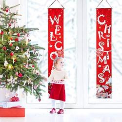 2 Pieces Christmas Porch Sign Christmas Banner Decoration Outdoor Indoor Red Xmas Decor Banner Christmas Door Banner Welcome Christmas Outdoor Sign with Plastic Rod and Hanging Ropes