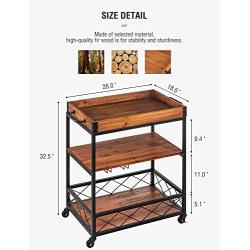 kealive Kitchen Bar Cart for Home Mobile Metal Wine Cart on Wheels with Handle Rack, Glass Holder, Removable Wood Box Container, Rustic Serving Cart 3-Tier Storage, Vintage Brown 26L x 18W x 32.5H