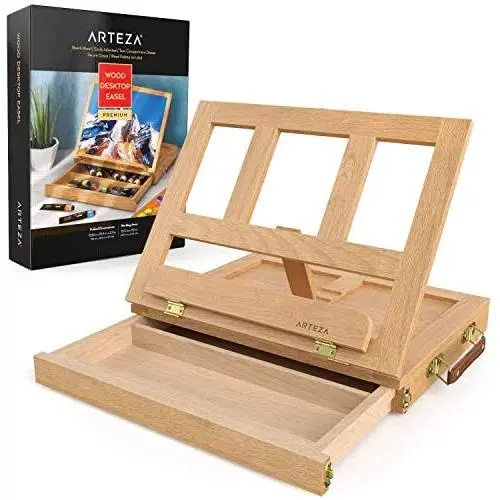 Arteza Wood Tabletop Easel, 13.38 x 10.25 x 2 Inch Portable Artist Easel Box, Adjustable Desk & Table Easel with Storage Drawer and Palette, for Painting, Drawing & Displaying Artwork Arteza Wood Tabletop Easel, 13.38 x 10.25 x 2 Inch Portable Artist Easel Box, Adjustable Desk & Table Easel with Storage Drawer and Palette, for Painting, Drawing & Displaying Artwork