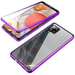 Jonwelsy Magnetic Adsorption Case for Samsung Galaxy A42, 360 Degree Front and Back Clear Tempered Glass Flip Cover, Metal Bumper Frame for Samsung Galaxy A42 (Purple)