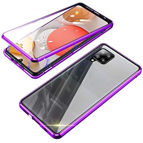 Jonwelsy Magnetic Adsorption Case for Samsung Galaxy A42, 360 Degree Front and Back Clear Tempered Glass Flip Cover, Metal Bumper Frame for Samsung Galaxy A42 (Purple)