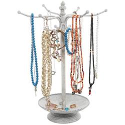 MyGift Vintage Style Whitewashed Metal 12 Hook Jewelry Organizer Tree Rack Stand w/Ring Dish Tray