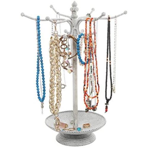 MyGift Vintage Style Whitewashed Metal 12 Hook Jewelry Organizer Tree Rack Stand w/Ring Dish Tray
