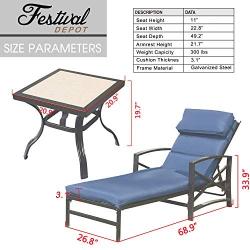 Festival Depot 3 Pieces Patio Outdoor Chaise Lounge Chairs with Cushions Set with Coffee Table Premium Fabric Metal Frame Furniture Garden Bistro Soft Headrests (Blue)