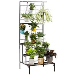 Metal 3-Tier Hanging Plant Stand Planter Shelves Flower Pot Organizer Rack Multiple Flower Pot Display Holder Shelf Indoor Outdoor Heavy Duty Planter Shelving Unit with Grid Panel