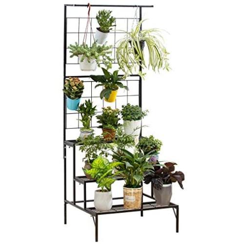 Metal 3-Tier Hanging Plant Stand Planter Shelves Flower Pot Organizer Rack Multiple Flower Pot Display Holder Shelf Indoor Outdoor Heavy Duty Planter Shelving Unit with Grid Panel
