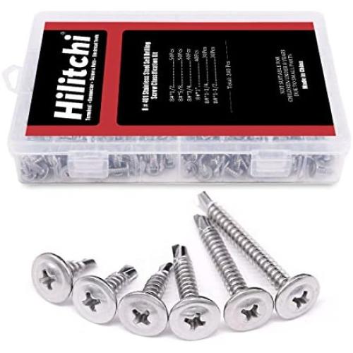 Hilitchi 410 Stainless Steel Wafer Head Phillips Self Drilling Screws Sheet Metal Tek Screws Assortment Kit, Modified Truss Head Self Driller - Size: #8 x 1/2'' ~ #8 x 1-1/2'' (Pack of 240)