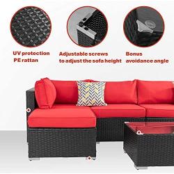 Walsunny 7pcs Patio Outdoor Furniture Sets,Low Back All-Weather Rattan Sectional Sofa with Tea Table&Washable Couch Cushions&Ottoman (Black Rattan)(Red)