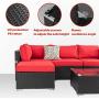 Walsunny 7pcs Patio Outdoor Furniture Sets,Low Back All-Weather Rattan Sectional Sofa with Tea Table&Washable Couch Cushions&Ottoman (Black Rattan)(Red)