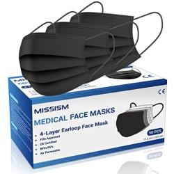 Medical Grade Face Mask Disposable 4 Layer Black 50 PCS, Breathable Face Mask