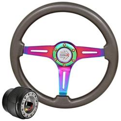 345mm 6 Bolt Steering Wheel Gunmetal Wood + Hub Adapter For Honda Civic Accord + Type R Center Horn Button Upgrade Replacement Performance