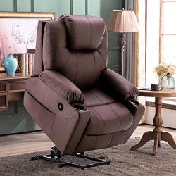 Mcombo Electric Power Lift Recliner Chair Sofa with Massage and Heat for Elderly, 3 Positions, 2 Side Pockets and Cup Holders, USB Ports, Faux Leather 7040 (Medium, Light Brown)