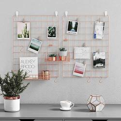 SONGMICS Grid Panel, Photo Wall Display, Metal Mesh Wall Decor, Multifunctional Hanging Picture Wall, DIY, Art Display, S Hook, Clip, Hemp Cord, Set of 2, Rose Gold, ULPP01DR