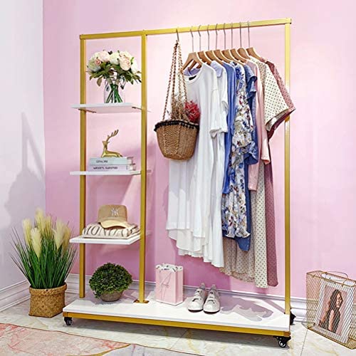 Metal Clothes Garment Racks with 4 Wood Storage Shelves and Hanging Bar Heavy Duty Free Standing Clothing Rack Large Closet Organizer for Boutique 59'' Metal Clothes Garment Racks with 4 Wood Storage Shelves and Hanging Bar Heavy Duty Free Standing Clothing Rack Large Closet Organizer for Boutique 59''