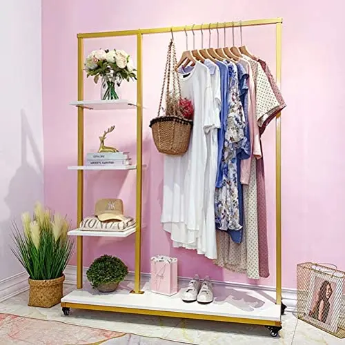 Metal Clothes Garment Racks with 4 Wood Storage Shelves and Hanging Bar Heavy Duty Free Standing Clothing Rack Large Closet Organizer for Boutique 59'' Metal Clothes Garment Racks with 4 Wood Storage Shelves and Hanging Bar Heavy Duty Free Standing Clothing Rack Large Closet Organizer for Boutique 59''